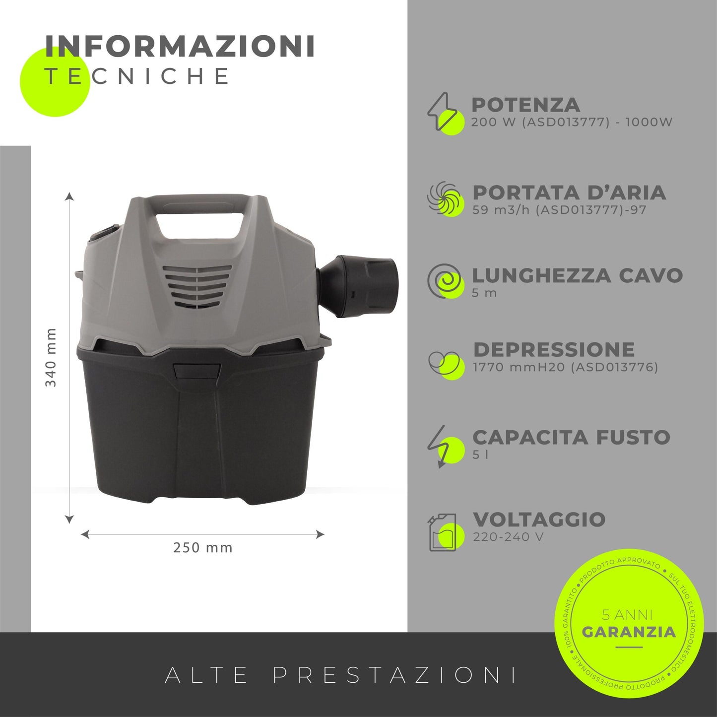 EOLO Aspirapolvere LP19 E Professionale Portatile Aspiratore Polveri Liquidi Solidi Made in Italy Garanzia 5 Anni Efficienza A++