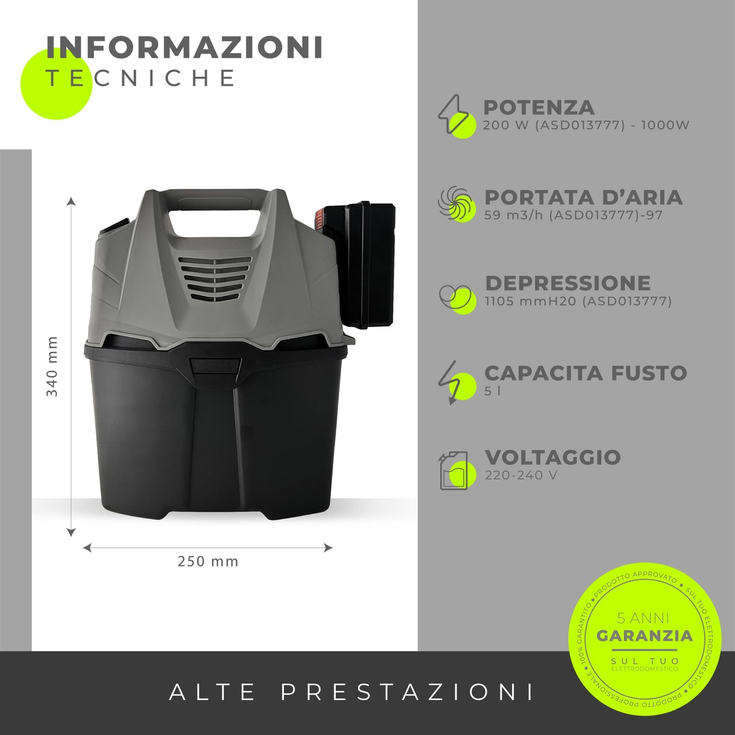 EOLO Aspirapolvere LP19 B Professionale Portatile senza Filo con Alimentazione a Batteria Aspiratore Polveri Liquidi Solidi Made in Italy Garanzia 5 Anni Efficienza A++