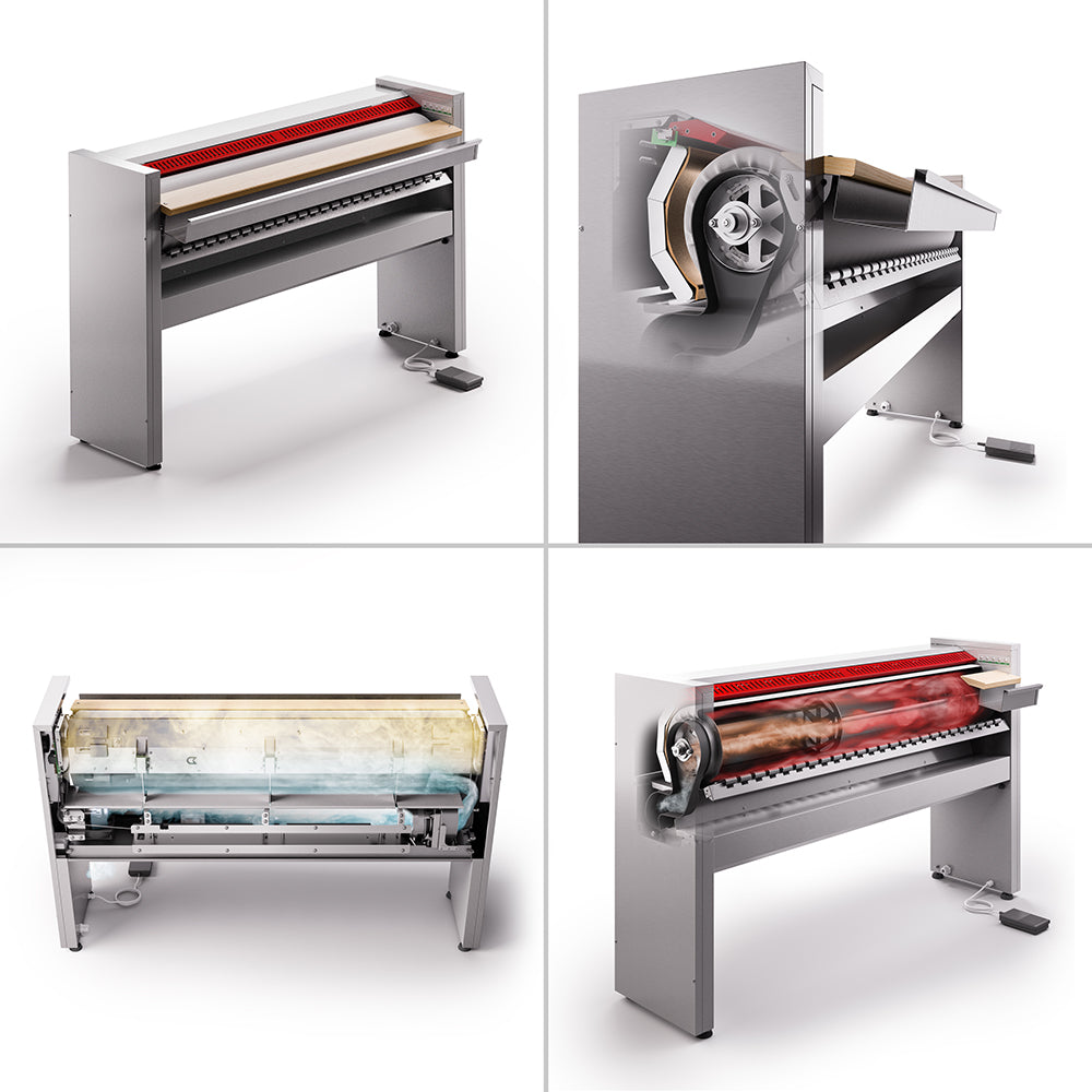 Stiratrice a Rullo 120x18 cm Modello MG03 M Mangano da Stiro Professionale Biancheria Piana Lenzuola federe Tende Asciugamani Controllo elettronico Risparmio energetico A++ Conca Alluminio Semplice Efficace Made in Italy Garanzia 5 anni