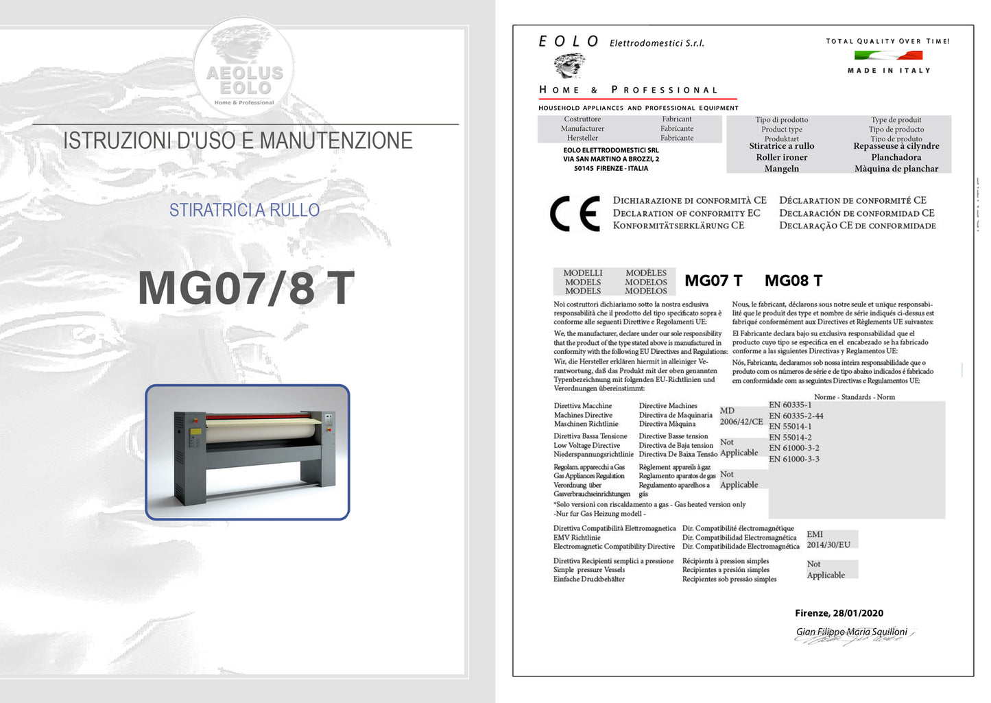 Stiratrice a rullo 200x29 cm Modello MG08 Mangano da Stiro Professionale con Supporto in Acciaio Biancheria Piana Lenzuola Federe Tende Asciugamani Controllo elettronico Risparmio energetico A++ Conca Alluminio Made in Italy Garanzia 5 anni