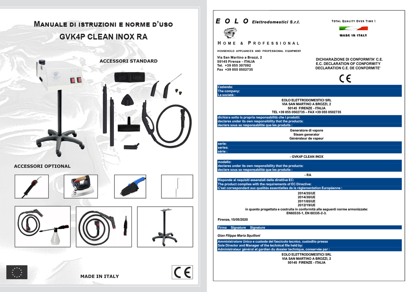 EOLO Generatore di Vapore GVK4P RA Professionale Lavasuperfici Disinfesta Lavavetri Vaporetto Potente Pavimenti Tende Tappeti Pulizia Igienizzazione Set Accessori Divani Tessuti Sedili Auto Anticalcare Made in Italy Garanzia 5 Anni Efficienza A++