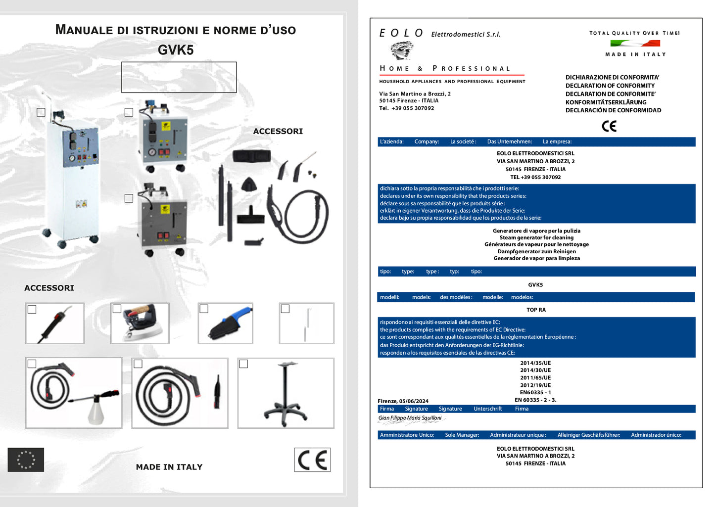 EOLO Pulitore GVK5P Vapore Multiuso Professionale Pulizia Igienizzazione Sanificazione Pavimenti Tappezzeria Sistema di Pulizia Vaporetto per Disinfettare Materassi Kit Pulizia Interni Auto Anticalcare Made in Italy Garanzia 5 Anni Efficienza A++