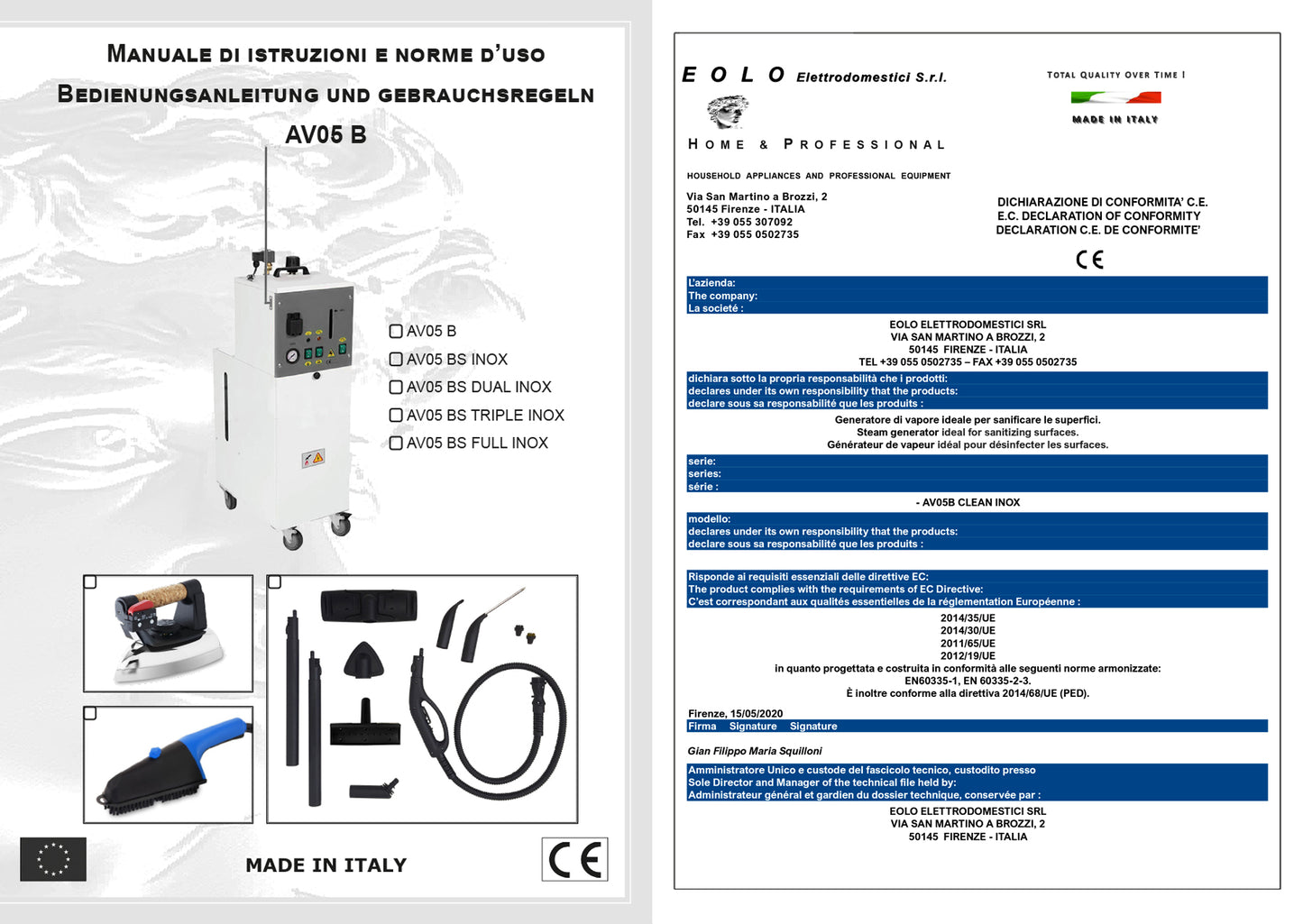 Sistema stirante professionale AV05 BS TRIPLE INOX con caldaia in acciaio inox AISI 304 e resistenza esterna anticalcare (4,5 L) e tanica acqua/liquido per la sanificazione da 10 litri Made in Italy Garanzia 5 anni