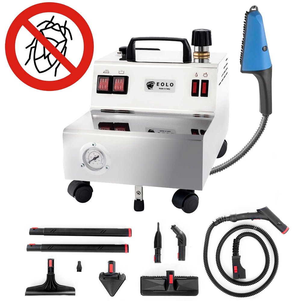 EOLO Pulitore GV05 SB200 Professionale a Vapore Sistemi di Pulizia Spazzola Sanificante 180°C Vaporetto Disinfetta Sanifica Casa Ambienti Tessuti Pelle LavaPavimenti Materassi Tappezzeria Anticalcare Made in Italy Garanzia 5 anni Efficienza A++