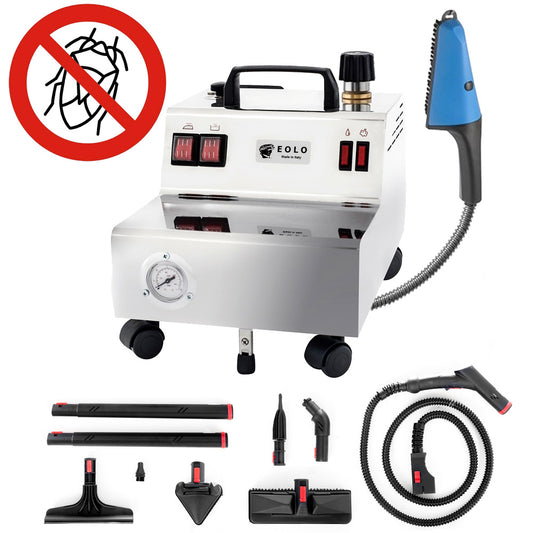 EOLO Pulitore GV05 SB200 Professionale a Vapore Sistemi di Pulizia Spazzola Sanificante 180°C Vaporetto Disinfetta Sanifica Casa Ambienti Tessuti Pelle LavaPavimenti Materassi Tappezzeria Anticalcare Made in Italy Garanzia 5 anni Efficienza A++