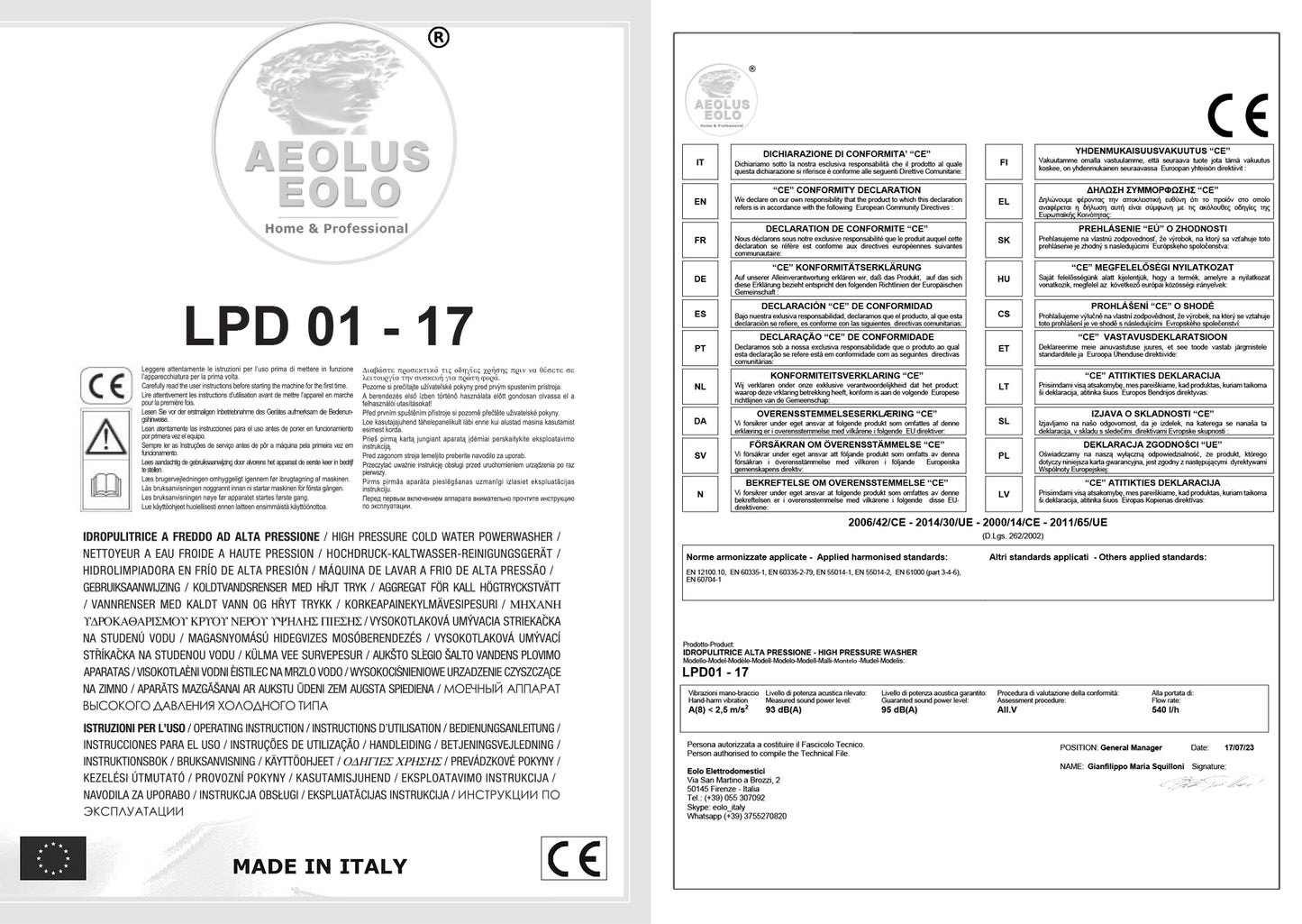 EOLO Idropulitrice LPD04 Professionale ad Acqua Calda Made in Italy Garanzia 5 Anni Efficienza A++