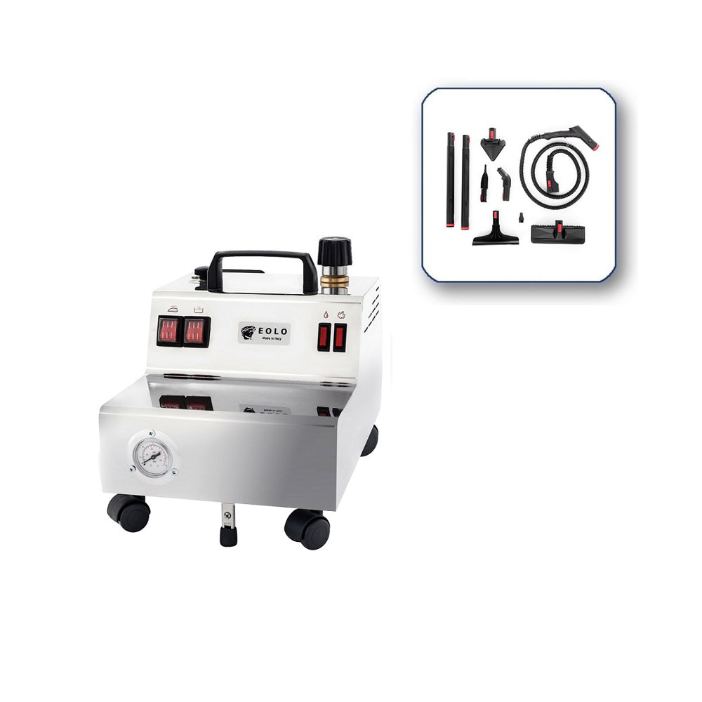 EOLO Generatore di Vapore GV05P Pulitore Multiuso Kit Pulizia Interni Esterni Macchina Pulitrice Vaporetto Professionale Anticalcare LavaPavimenti Vetri Pulitore Tappezzeria Divani Tessuti Made in Italy Garanzia 5 anni Efficienza A++