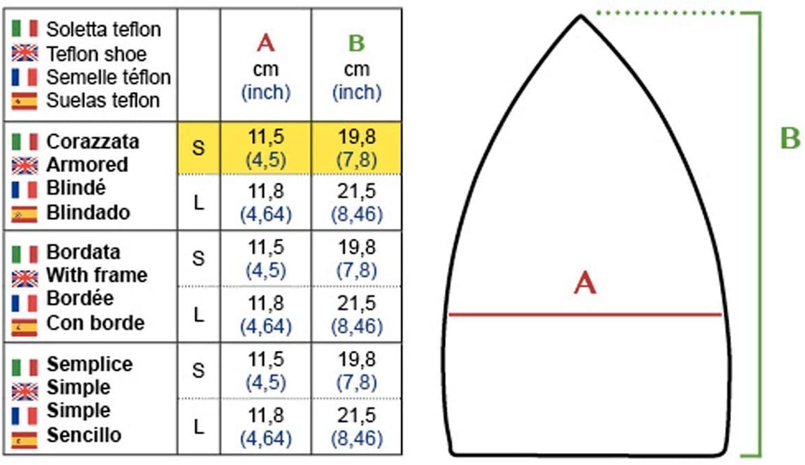 Soletta teflon corazzata in alluminio professionale per ferro da stiro Misura S Made in Italy